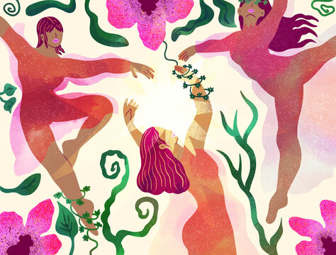 Dancing ladies and orchid flowers