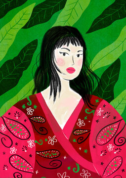 Japanese woman with kimono illustration