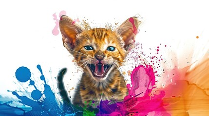   A cat with its mouth open, showing paint splatters around it