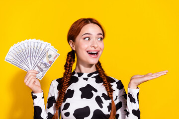 Photo of positive excited lady dressed cowskin print top holding cash fan looking showing arm empty...