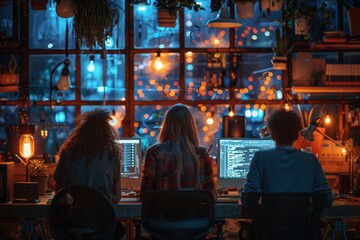 Obraz premium Three tech professionals are engrossed in their work amidst a cozy, brightly-lit workspace filled with gadgets and coding on screens