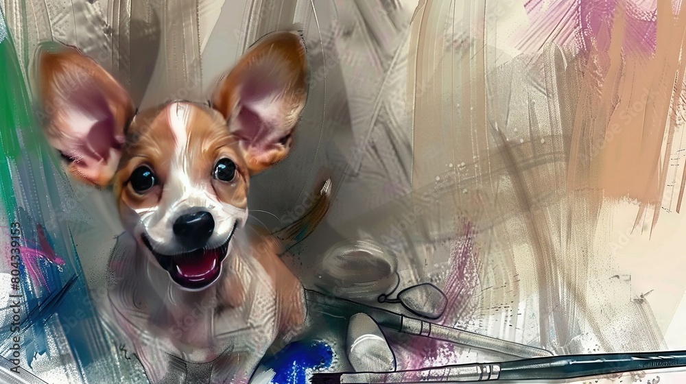 Poster   A digital painting of a small dog with a toothbrush and toothpaste in front of its mouth