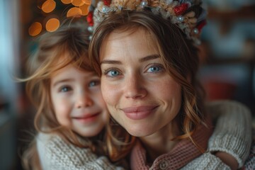 Close-up of a mother and child with blue eyes sharing a warm embrace, holiday vibes