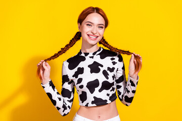Photo of adorable good mood lady dressed cowskin top smiling holding braids isolated yellow color...