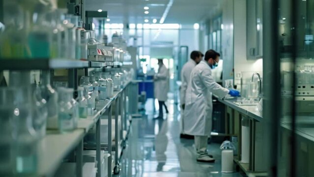  laboratory technicians working with precision instruments and equipment in a biotechnology 