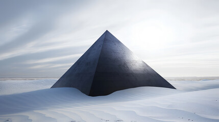 monochrome image of black mysterious pyramid in the middle of desert in black and white