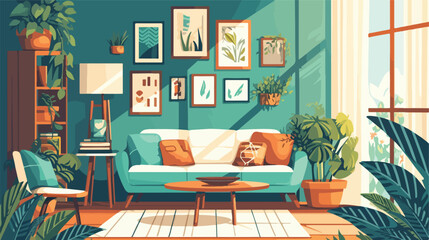 Interior of living room with cozy sofa paintings an