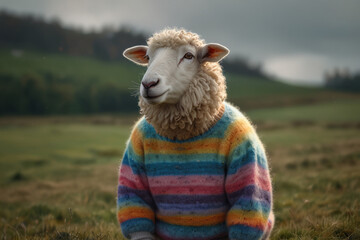 Sheep in a colorful sweater against a scenic landscape, illustrating warmth and comfort