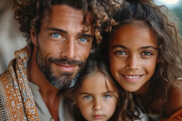 Handsome man with blue eyes and curly hair poses with two young children, showing family love