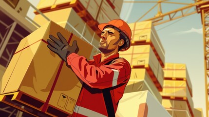High-detail depiction of a construction worker lifting heavy materials with a slight grimace showcasing the physical demand and improper lifting technique that contribute to back pain.  - obrazy, fototapety, plakaty