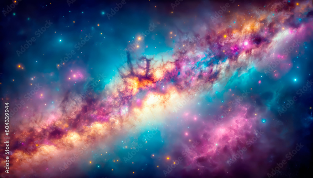 Poster a vibrant cosmic galaxy illustration with twinkling stars and colorful nebulae on a dark space backg