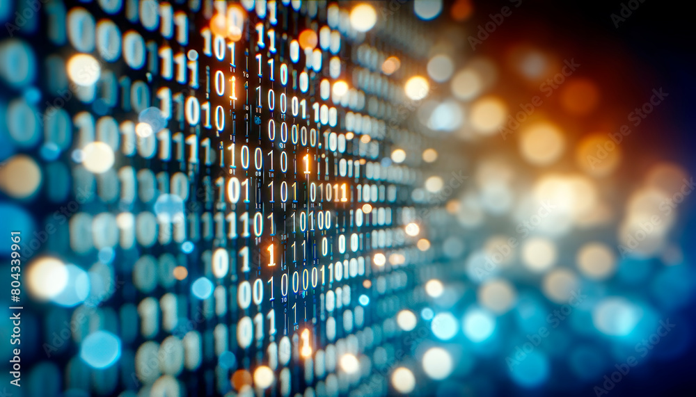 Poster Digital binary code on a dynamic blue background, symbolizing data, cybersecurity, and information technology. Generative AI
