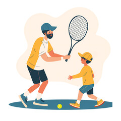 Father and a son playing tennis. The dad is teaching the boy how to play. Illustration in flat style