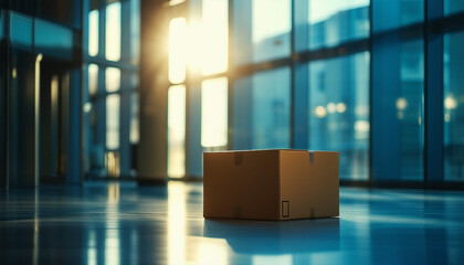 A lone cardboard box illuminated by sunlight on the floor of a sleek, modern office lobby