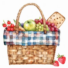 A watercolor painting of a picnic basket filled with fruits and vegetables.