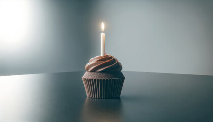 A chocolate cupcake with a lit candle, on a simple blue-gray background, symbolizing a celebration. Generative AI