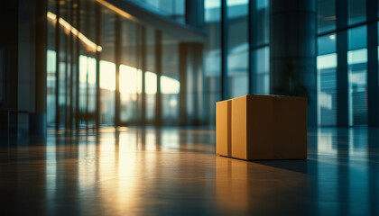 A lone cardboard box illuminated by sunlight on the floor of a sleek, modern office lobby