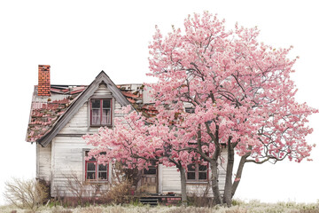 A charming country cottage nestled among blooming cherry blossom trees in spring, isolated on solid white background.