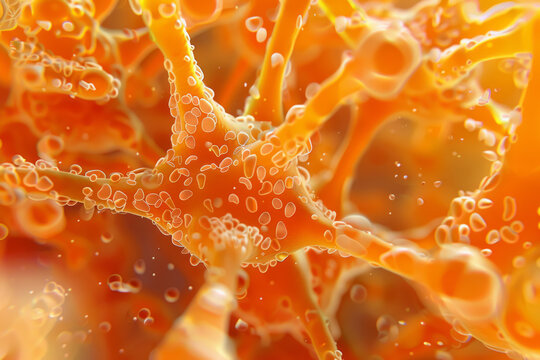 A close up of a neuron with many bubbles surrounding it