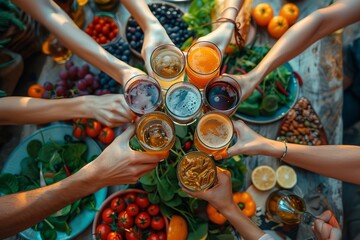 An overhead shot captures friends toasting with assorted beverages over a vibrant spread of fresh fruits and appetizers