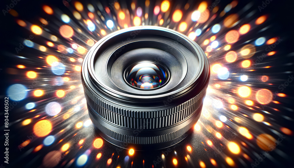 Poster a camera lens with colorful bokeh lights, close-up on a dark background, concept of photography. gen
