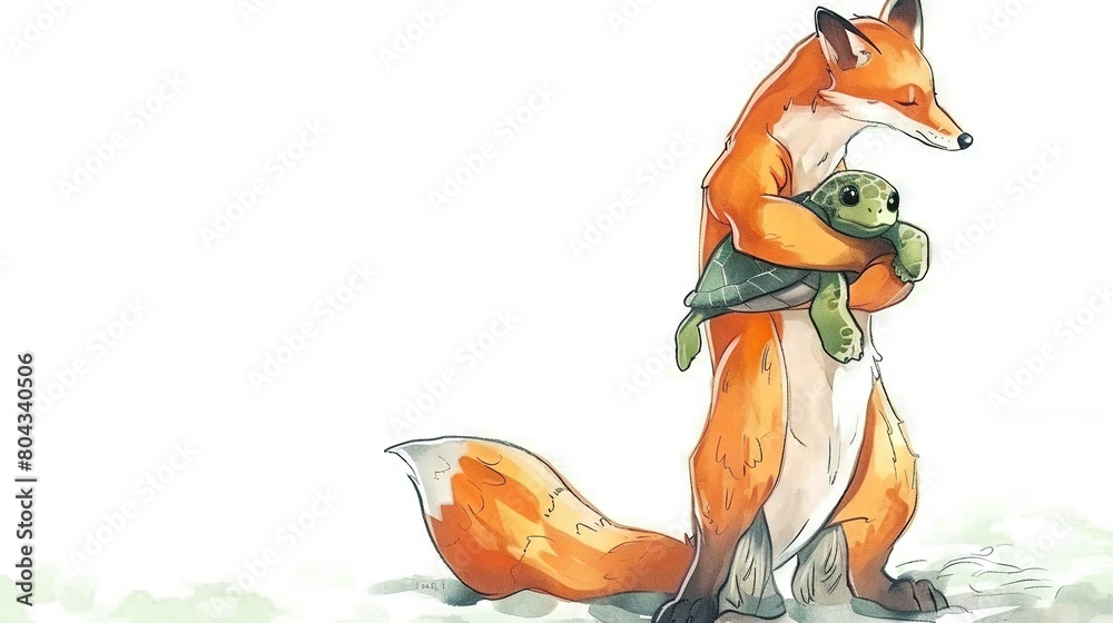 Poster   A Fox and Turtle Holding Arms - White Background