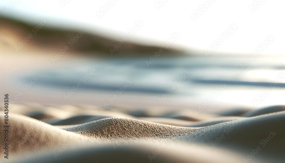 Poster close-up of sandy beach textures with out-of-focus waves in the background, concept of tranquility. 