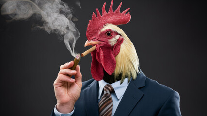 Smoking rooster in a suit, an absurd and creative image for advertising or meme