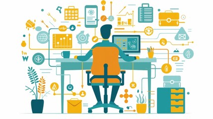 Stylized illustration of a person sitting at a workstation equipped with an ergonomic chair and adjustable desk