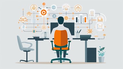 Stylized illustration of a person sitting at a workstation equipped with an ergonomic chair and adjustable desk
