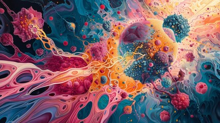 Stylized illustration of abstract shapes and colors representing the cancer cells being targeted by beams of radiation therapy. The artwork conveys a sense of battle and healing