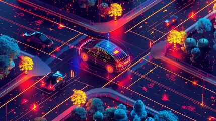 Stylized illustration of an autonomous vehicle surrounded by abstract geometric shapes representing the data collected by its LiDAR system. Bright colors differentiate various objects (vehicles