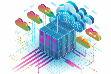 Illustrative image of computer servers on clouds representing cloud computing.Cloud Network Solution digital background. Cyber Security and Cloud Technology Concept.