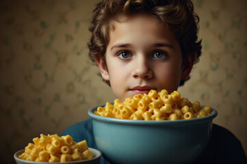 Little child with a large bowl of pasta against a backdrop of floral wallpaper, creating a nostalgic atmosphere