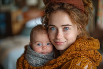 A smiling young woman in a mustard-colored wrap carries a baby, warmth and happiness emanating from the image