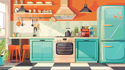 Interior of modern kitchen with stylish retro refri