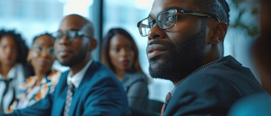 A diverse team of businesspeople discuss investment strategy in a modern multi-ethnic office conference room. An African American businessman pitches the strategy to partners.