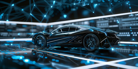 Futuristic Sports Car On Neon Highway Powerful acceleration of a supercar on a night track with colorful lights and trails High speed business and technology concept