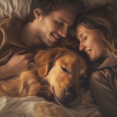 A couple cuddled up in bed with their Golden retriever dog, Sepia photo effect, illustration, family concept