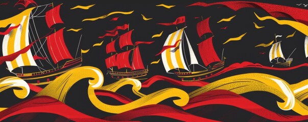 Vibrant stylized illustration of Spanish galleons sailing on tumultuous seas