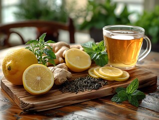 An illustration of glass teacup of lemon tea on a rustic board with lemons, seeds and ginger, healthy lifestyle concept
