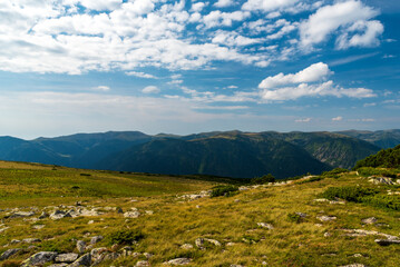 View to Godeanu mountains from Zlata hill summit in Retezat mountains in Romania