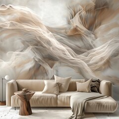 A beautiful home decor living room with a beige and cream abstract flowy Wall mural with a cosy sofa, throws and cushions