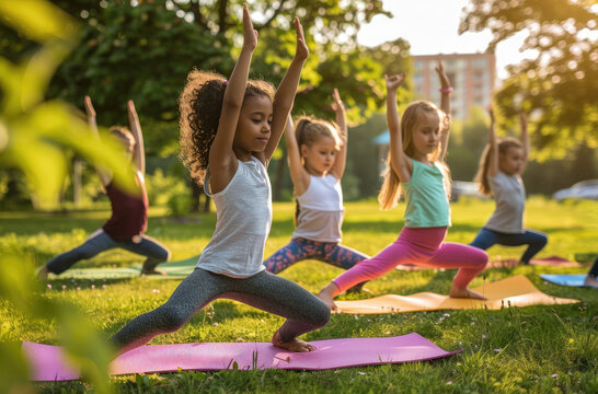 Children and young people practicing yoga outdoors in the park, a group of kids doing stretching poses on mats at summer camp, a healthy lifestyle concept