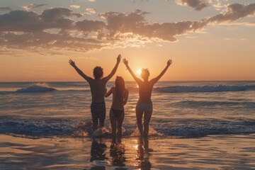 Fototapeta premium As the sun dips below the horizon, casting a golden glow upon the sands, the beach becomes a sanctuary of happiness where hands raised in celebration punctuate the laughter-filled air