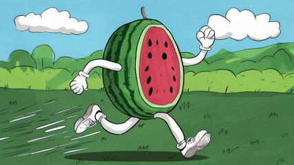 Running watermelon with arms and legs against a green meadow and blue sky backdrop, creative illustration for design