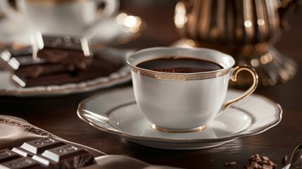 A close up of a white and gold trimmed porcelain cup of coffee on a saucer with chocolate bars on the table.