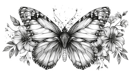 butterfly with flowers tattoo design, sticker style, white background,