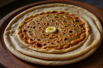 Appetizing pancake with butter served on a wooden plate, perfect for breakfast or dinner