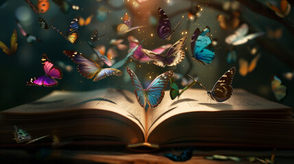 butterflies coming from the book flying in a dark room